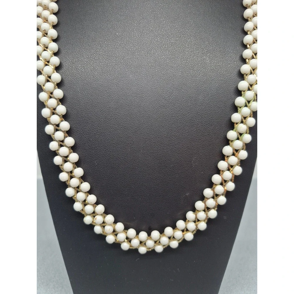 Vintage Woven Milk White Bead Necklace Woman Gold Tone Triple Strand Mesh Chain